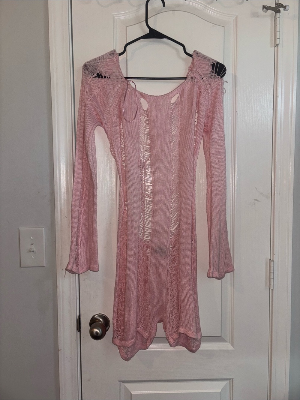 Lightweight Distressed Pink Long-Sleeve Knit Dress